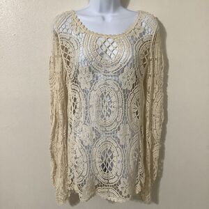 Nabee Cream Crochet Festival Bohemian Hippie Boho Beachy Long Sleeve Top S